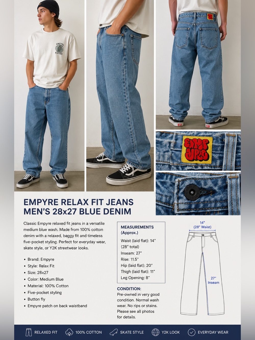 Empyre Relax Fit Jeans Men's 28x27 Blue Denim Baggy Skate Y2K Wide Leg Cotton